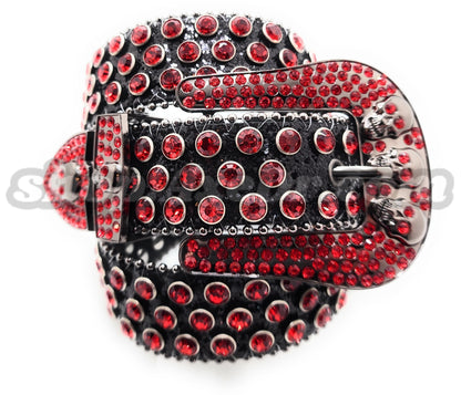 Deep Red and Chrome Rhinestones on Black Sparkle Studded Skulls Belt