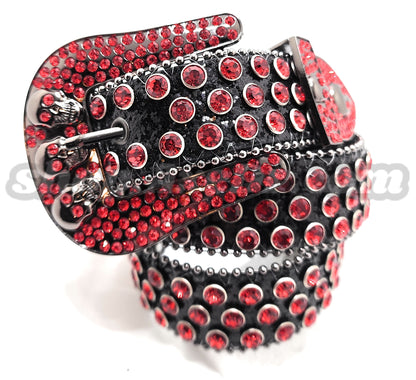 Deep Red and Chrome Rhinestones on Black Sparkle Studded Skulls Belt