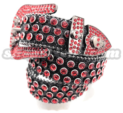 Deep Red and Chrome Rhinestones on Black Sparkle Studded Skulls Belt