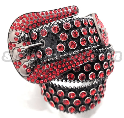 Deep Red and Chrome Rhinestones on Black Sparkle Studded Skulls Belt