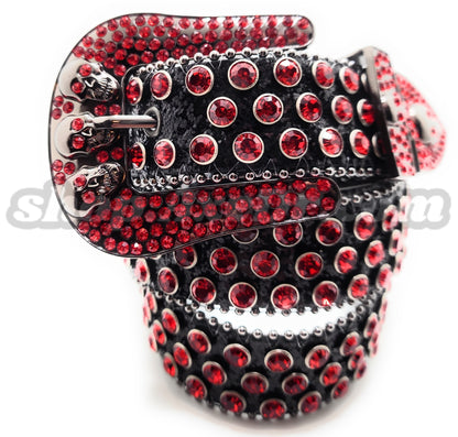 Deep Red and Chrome Rhinestones on Black Sparkle Studded Skulls Belt