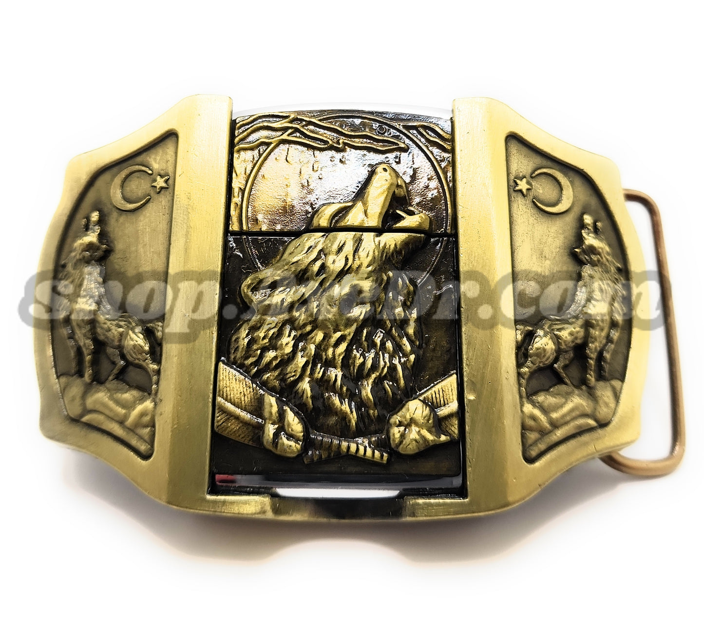 Timberwolf Howling Moon Gold Lighter Belt Buckle / Flip Style Lighter Holder Buckle