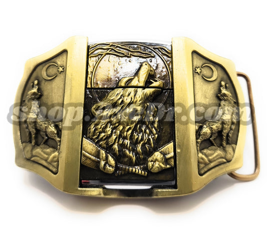 Timberwolf Howling Moon Gold Lighter Belt Buckle / Flip Style Lighter Holder Buckle