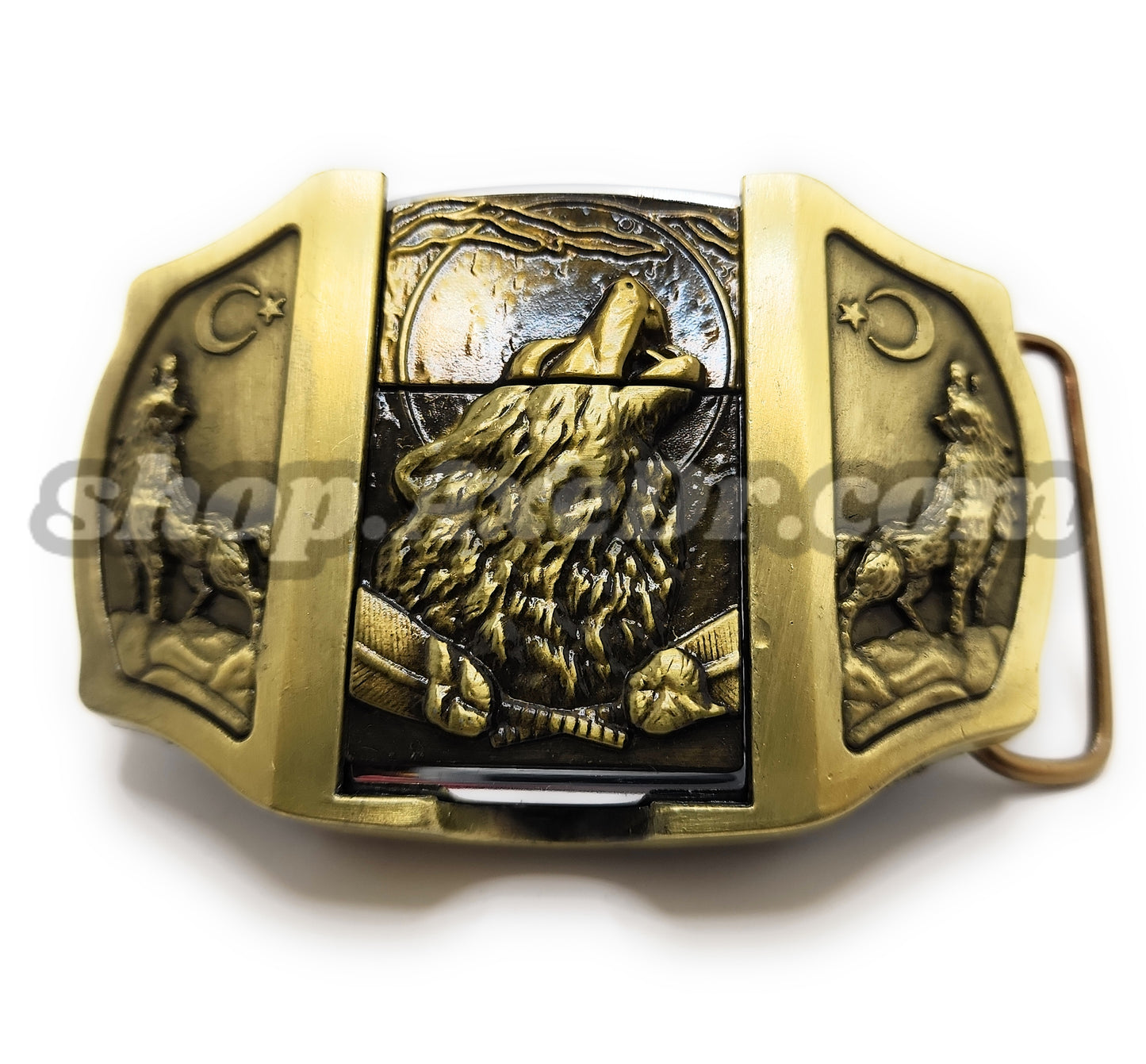 Timberwolf Howling Moon Gold Lighter Belt Buckle / Flip Style Lighter Holder Buckle