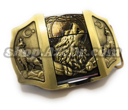 Timberwolf Howling Moon Gold Lighter Belt Buckle / Flip Style Lighter Holder Buckle