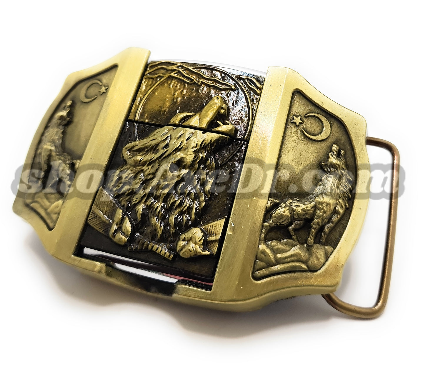 Timberwolf Howling Moon Gold Lighter Belt Buckle / Flip Style Lighter Holder Buckle