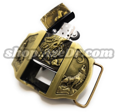 Timberwolf Howling Moon Gold Lighter Belt Buckle / Flip Style Lighter Holder Buckle