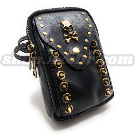 Skull and Bones Spike Studded Zippered Shoulder Bag Goth Emo