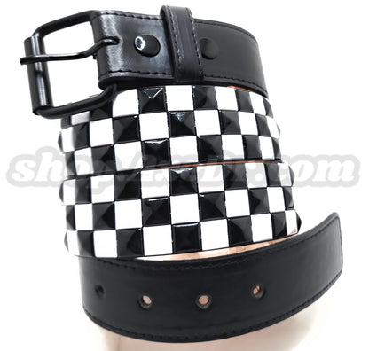 Handmade White and Black Checker Pyramid Studded Stitched Leather Belt Punk