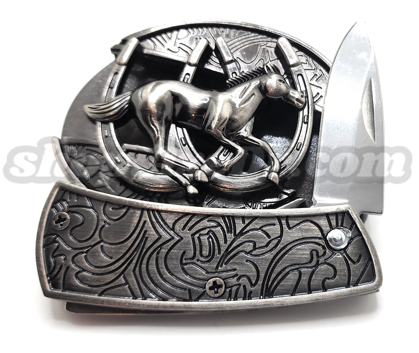Galloping Horse and Horseshoes Folding Knife Belt Buckle Western