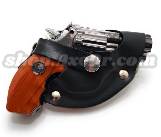 Snub Nose Revolver Pistol Jet Lighter and Flashlight Belt Buckle