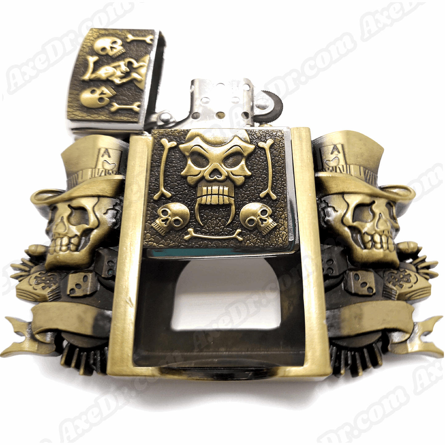 Jokers Skull & Bones Bronze Lighter Belt Buckle and Genuine Leather Belt shop.AxeDr.com Buckles with Belt, Genuine Leather