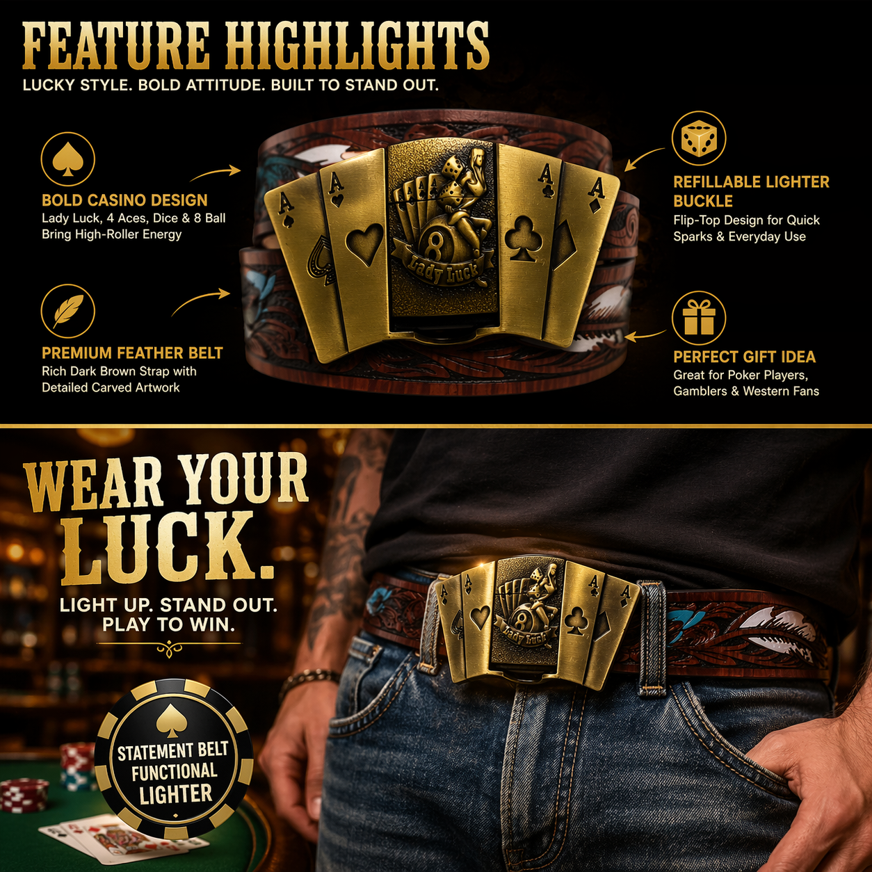 Lady Luck 4 Aces Lighter Belt – Gold Casino Poker Belt Buckle with Lucky Dice Pinup Design and Dark Brown Feather Belt