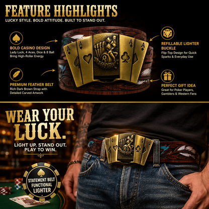 Lady Luck 4 Aces Lighter Belt – Gold Casino Poker Belt Buckle with Lucky Dice Pinup Design and Dark Brown Feather Belt
