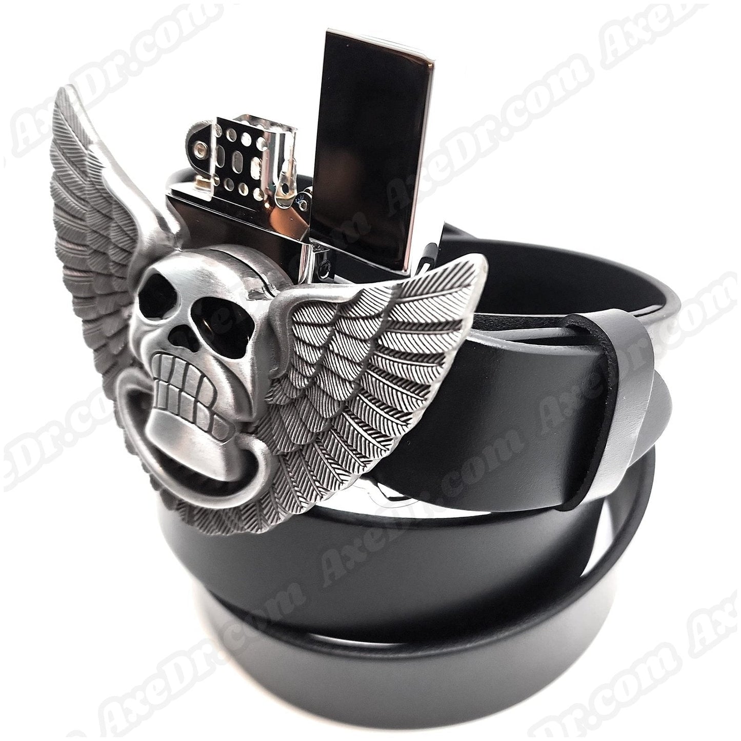 Motorcycle Skull Wings Lighter Belt Buckle and Genuine Leather Belt shop.AxeDr.com 