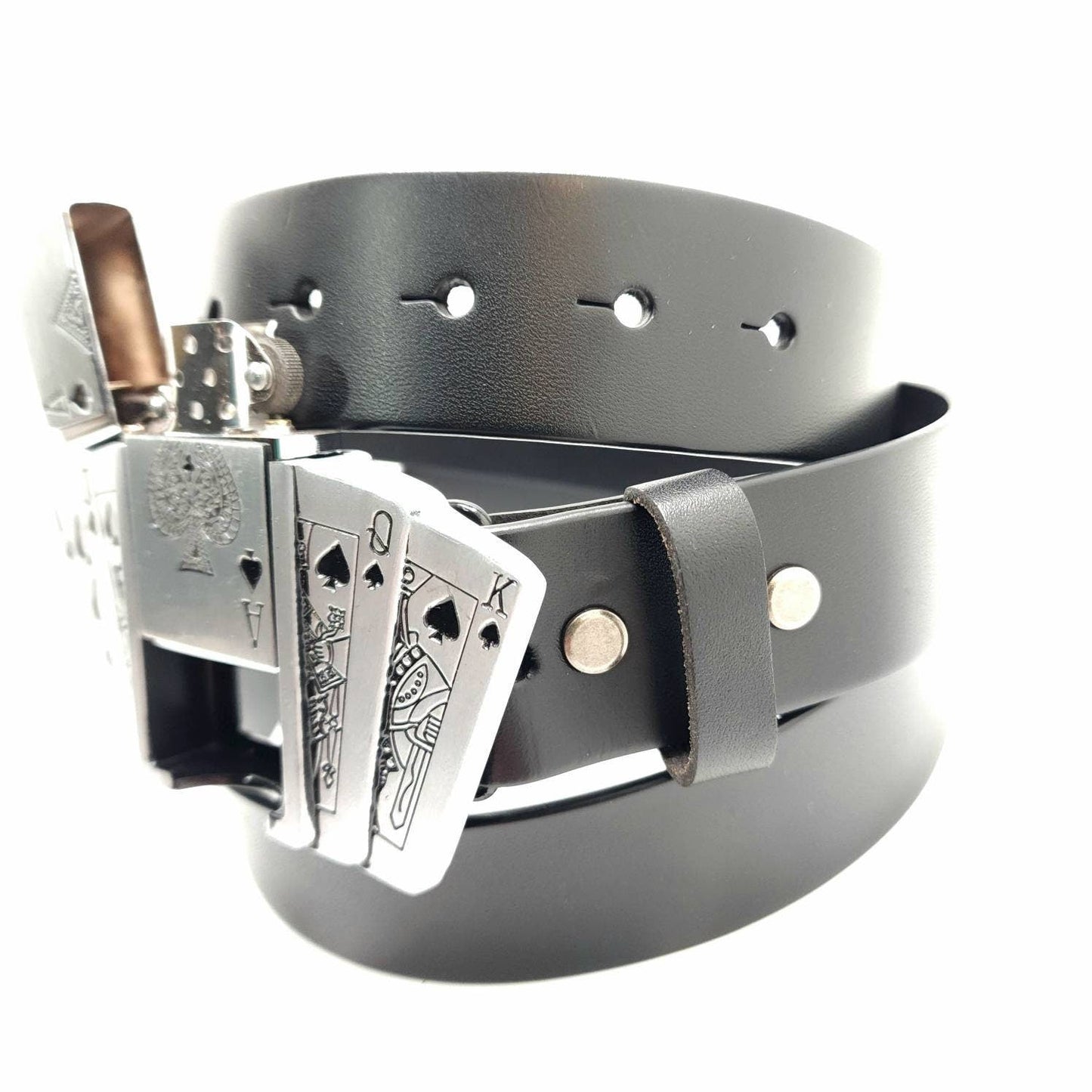 Poker Royal Flush Lighter Belt Buckle with Genuine Leather Belt