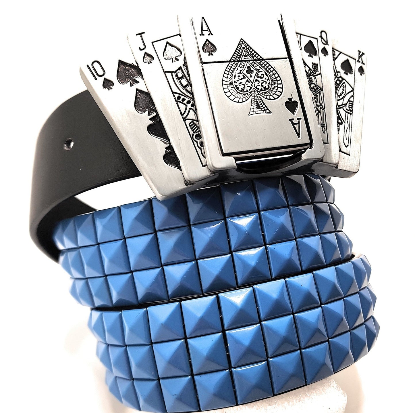 Royal Flush Lighter Belt Buckle and Black Pyramid Studded Leather Belt shop.AxeDr.com Belt Buckle, Belt with Buckle, Buckles with Belt, Cards, Gambling, Gift for Him, Hot Topic, Novelty,