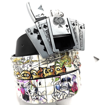 Royal Flush Lighter Belt Buckle and Black Pyramid Studded Leather Belt shop.AxeDr.com Belt Buckle, Belt with Buckle, Buckles with Belt, Cards, Gambling, Gift for Him, Hot Topic, Novelty,
