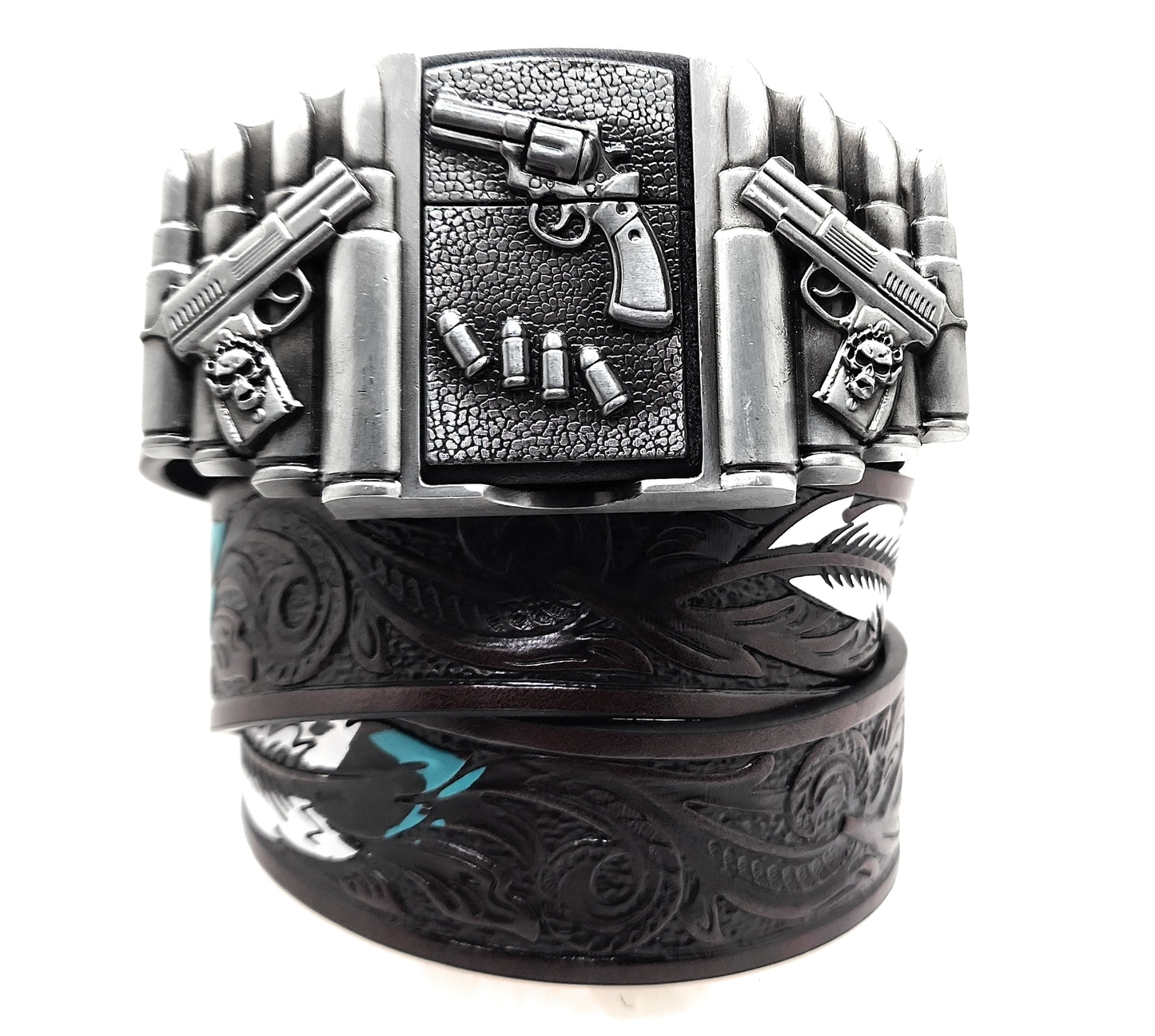1911 pistols and revolver lighter belt buckle on painted feather Western belt