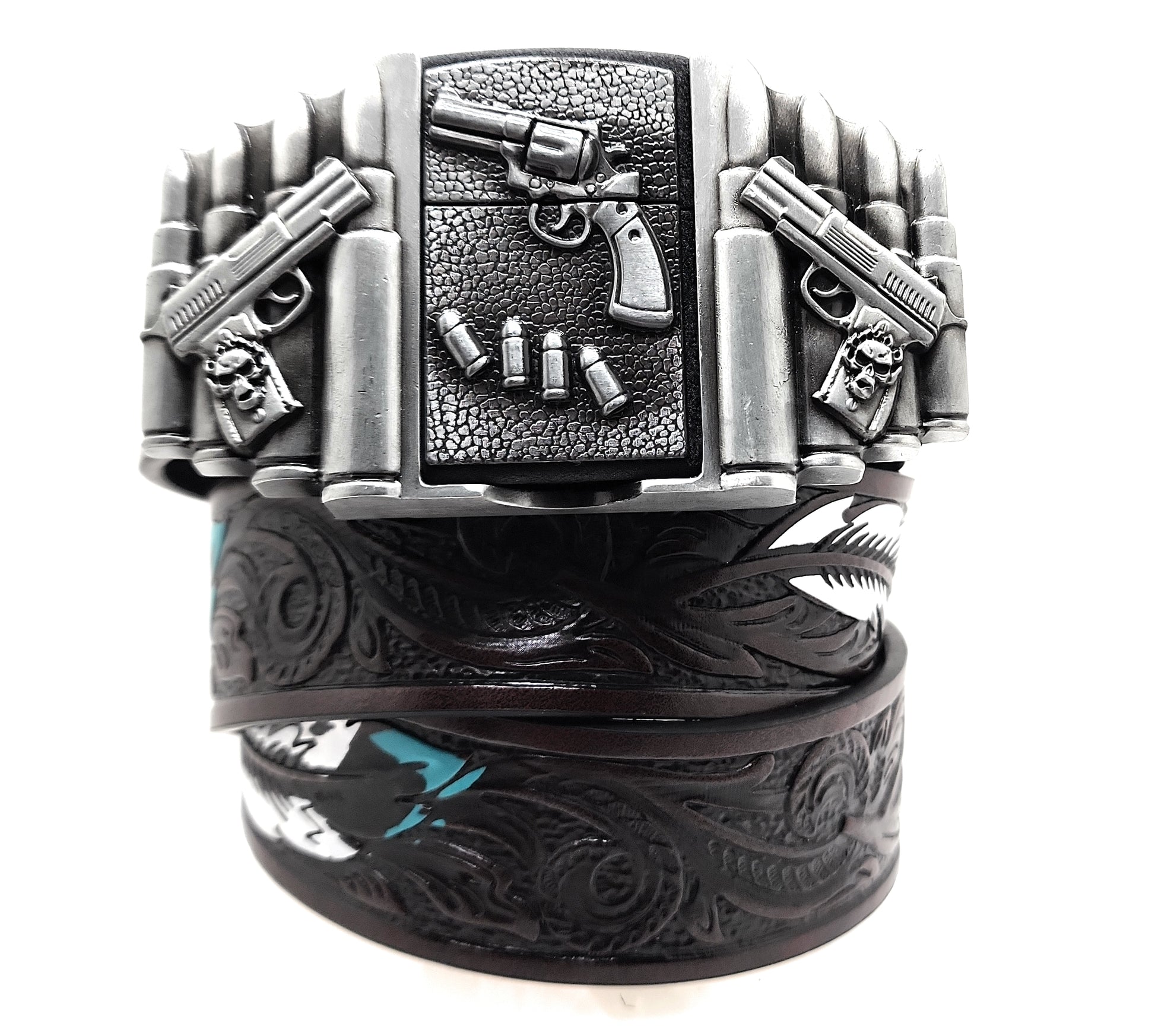 1911 pistols and revolver lighter belt buckle on painted feather Western belt