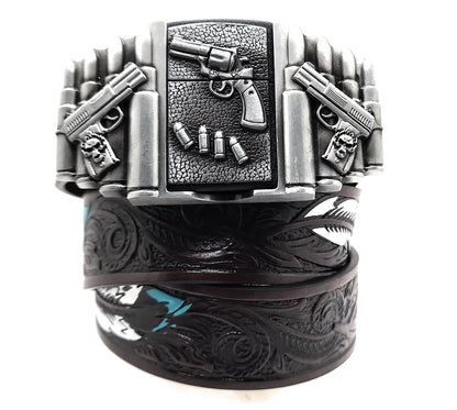 1911 pistols and revolver lighter belt buckle on painted feather Western belt