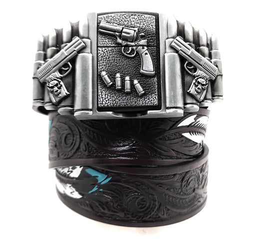 1911 pistols and revolver lighter belt buckle on painted feather Western belt