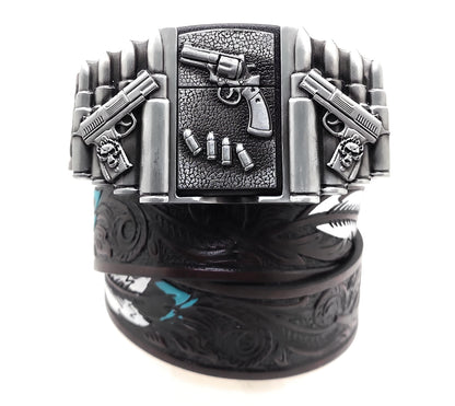 1911 pistols and revolver lighter belt buckle on painted feather Western belt
