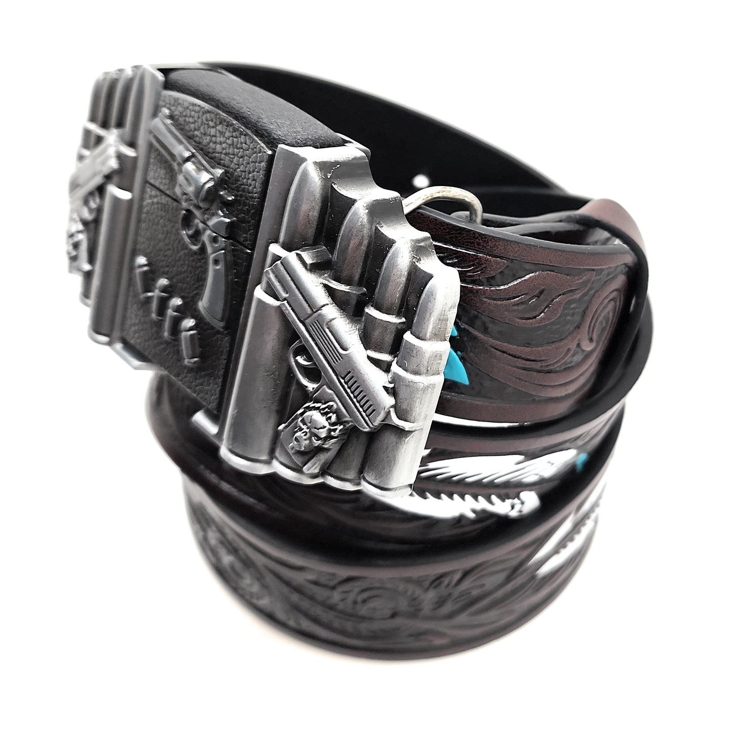 1911 pistols and revolver lighter belt buckle on painted feather Western belt