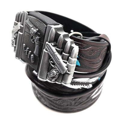 1911 pistols and revolver lighter belt buckle on painted feather Western belt