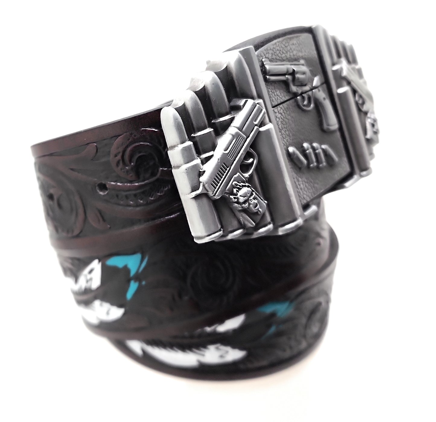 1911 pistols and revolver lighter belt buckle on painted feather Western belt