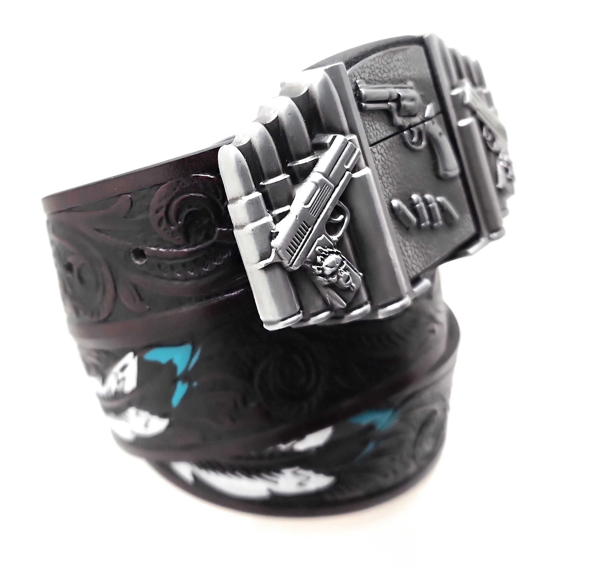 1911 pistols and revolver lighter belt buckle on painted feather Western belt