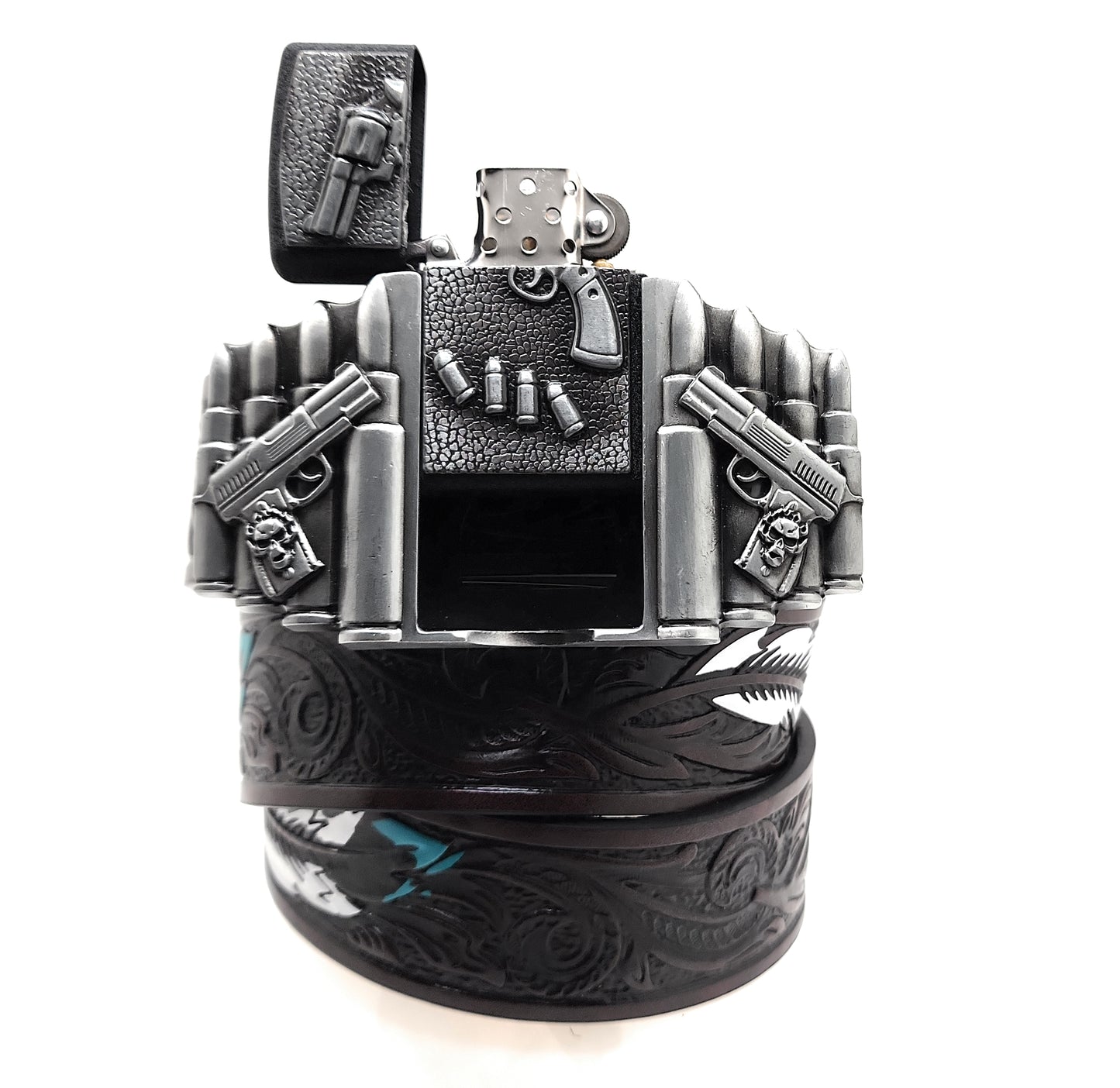 1911 pistols and revolver lighter belt buckle on painted feather Western belt
