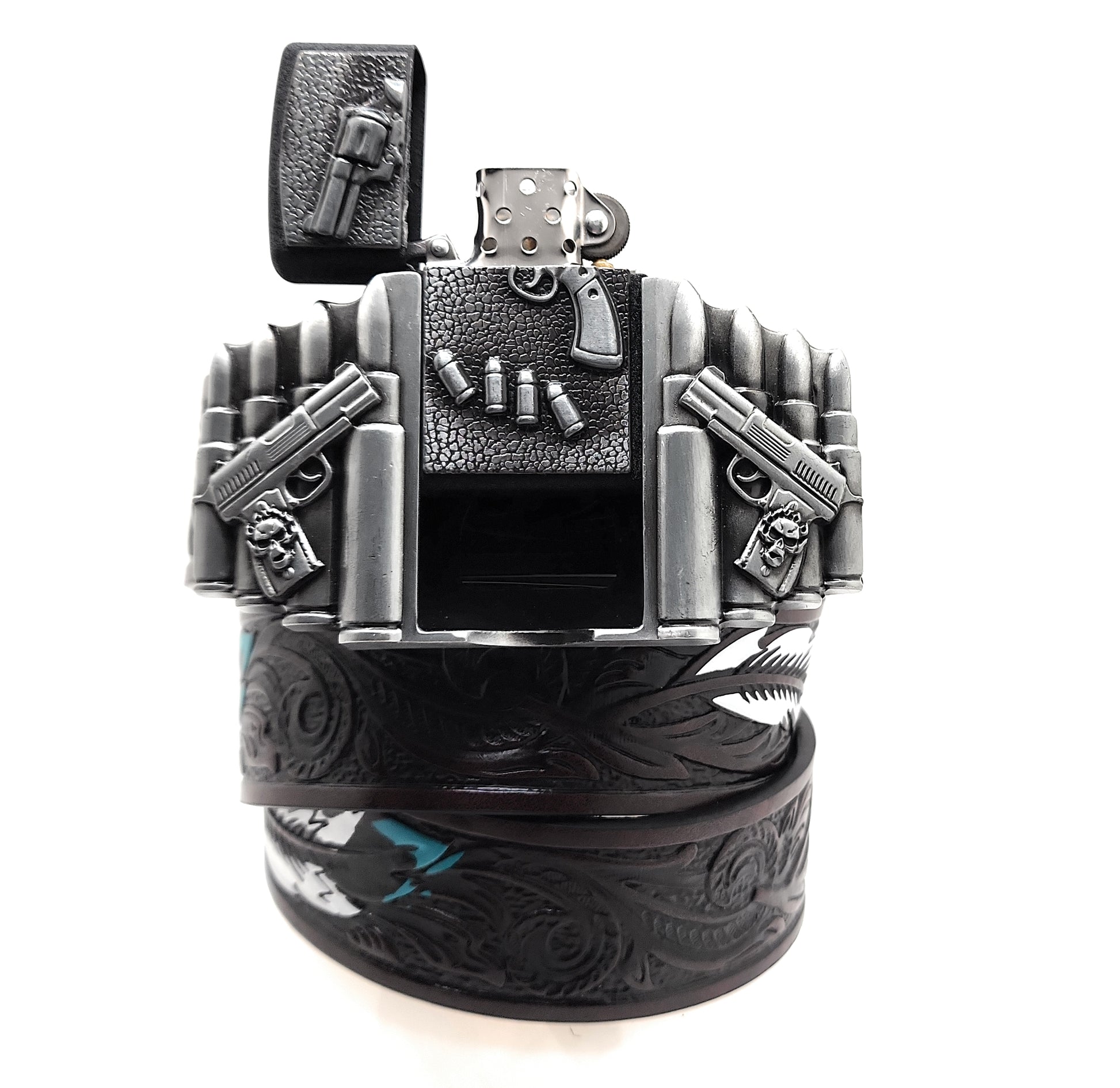 1911 pistols and revolver lighter belt buckle on painted feather Western belt