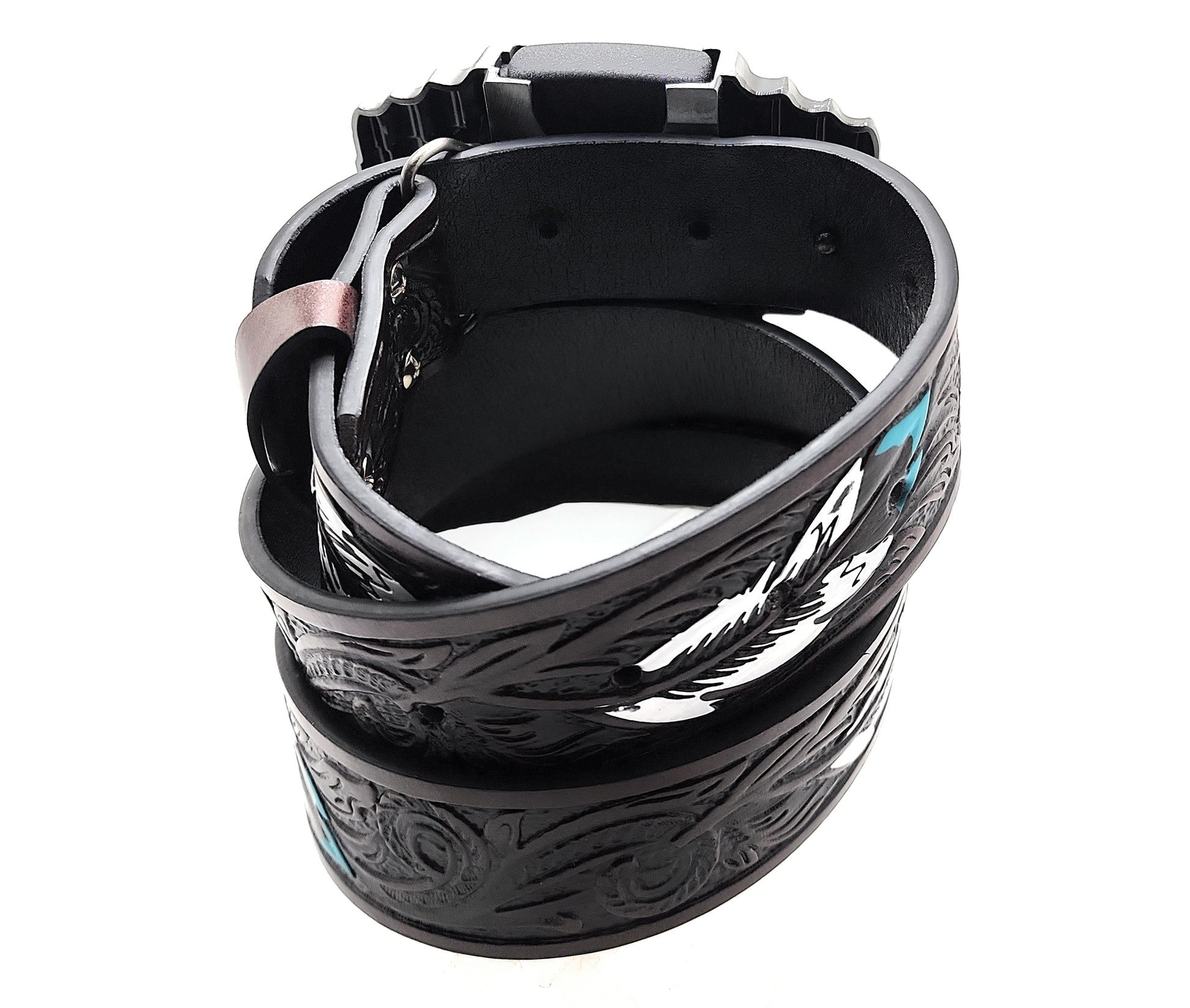 1911 pistols and revolver lighter belt buckle on painted feather Western belt