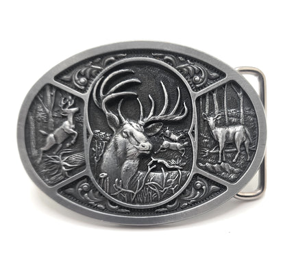 Silver Deer Motif Classic Wildlife Belt Buckle - Eleven Point Buck and Doe Woods Scene