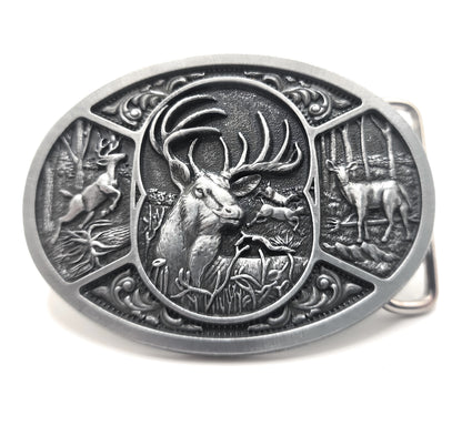 Silver Deer Motif Classic Wildlife Belt Buckle - Eleven Point Buck and Doe Woods Scene