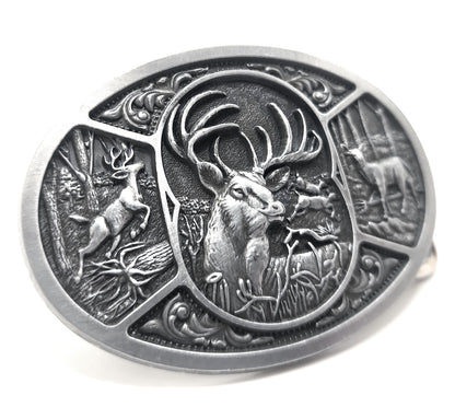 Silver Deer Motif Classic Wildlife Belt Buckle - Eleven Point Buck and Doe Woods Scene