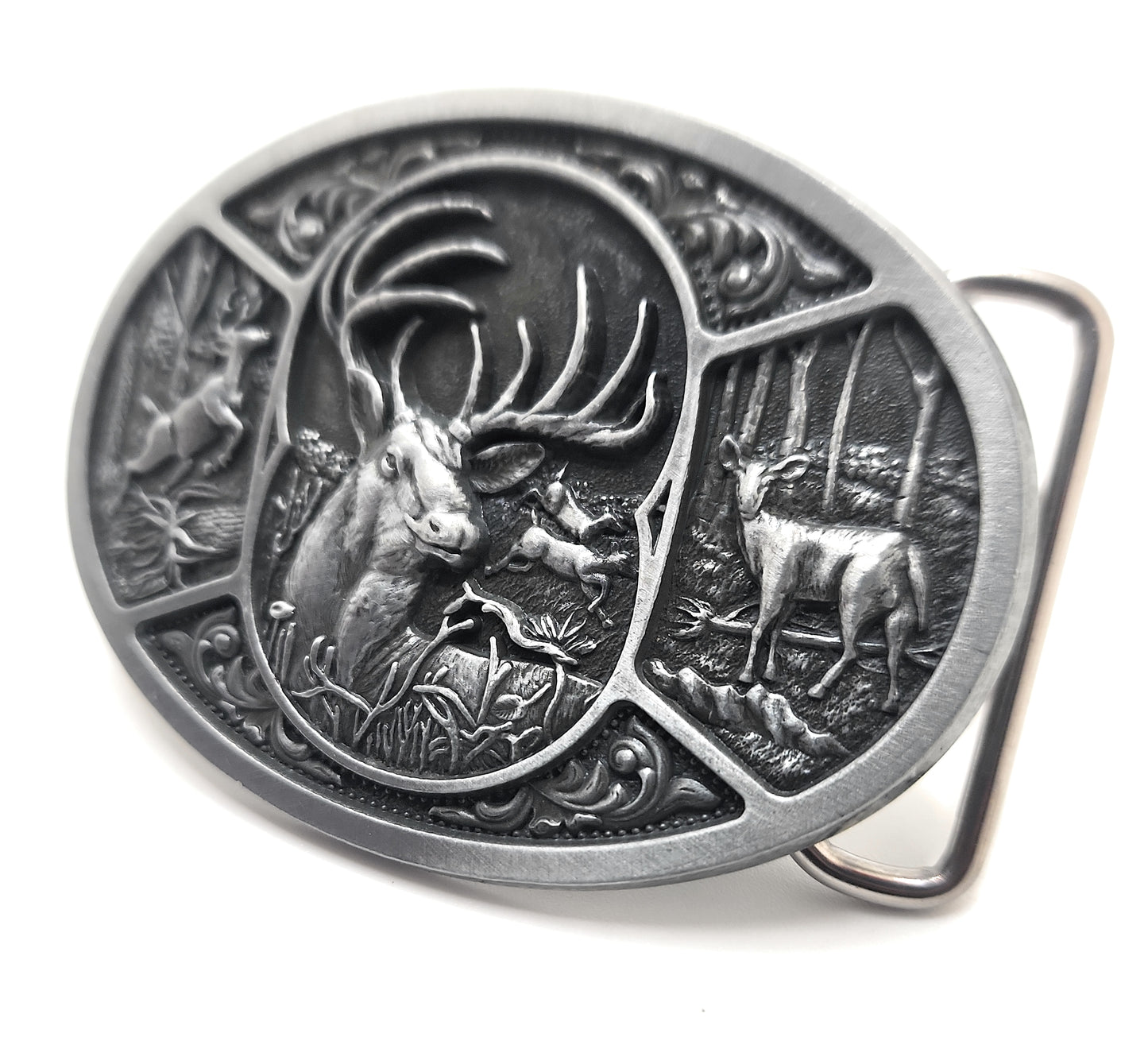 Silver Deer Motif Classic Wildlife Belt Buckle - Eleven Point Buck and Doe Woods Scene
