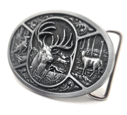 Silver Deer Motif Classic Wildlife Belt Buckle - Eleven Point Buck and Doe Woods Scene
