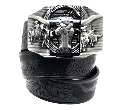 Silver Longhorn Lighter Belt Buckle and Black Belt (Embossed with Longhorns and Floral Pattern)