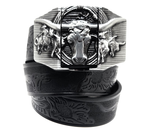 Silver Longhorn Lighter Belt Buckle and Black Belt (Embossed with Longhorns and Floral Pattern)