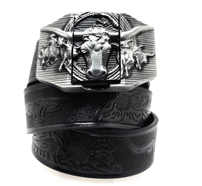 Silver Longhorn Lighter Belt Buckle and Black Belt (Embossed with Longhorns and Floral Pattern)