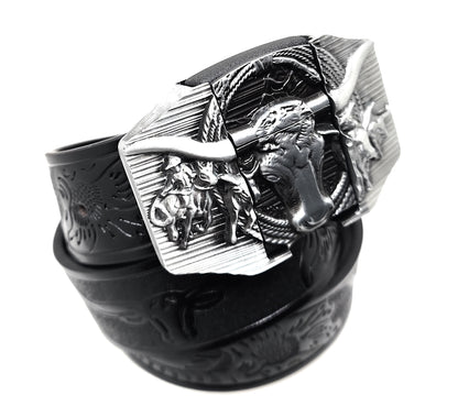 Silver Longhorn Lighter Belt Buckle and Black Belt (Embossed with Longhorns and Floral Pattern)