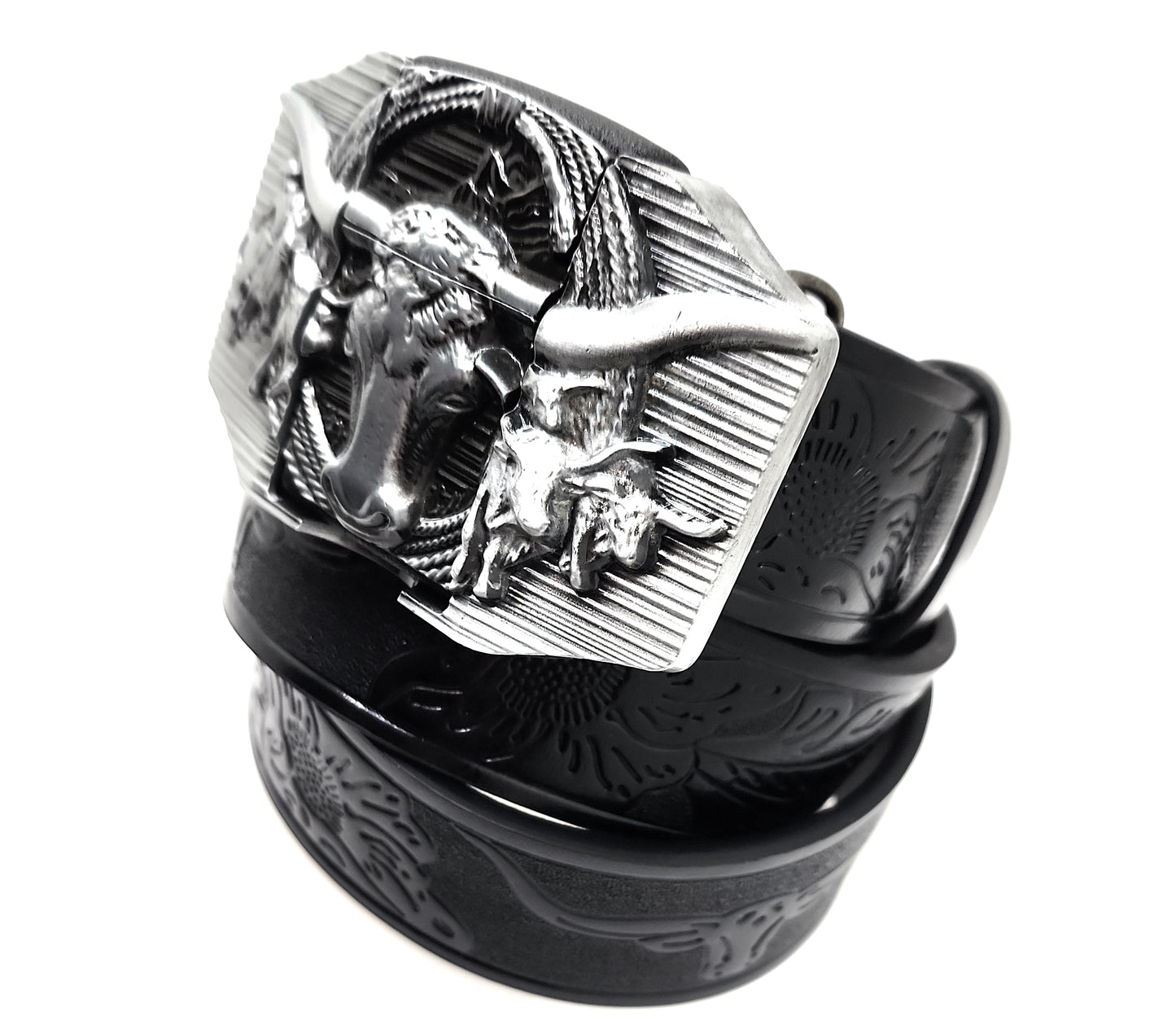 Silver Longhorn Lighter Belt Buckle and Black Belt (Embossed with Longhorns and Floral Pattern)