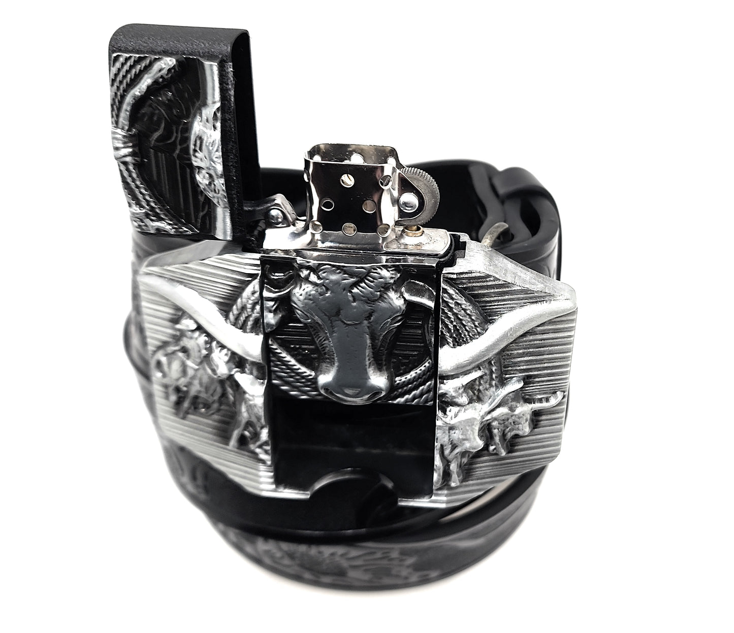 Silver Longhorn Lighter Belt Buckle and Black Belt (Embossed with Longhorns and Floral Pattern)