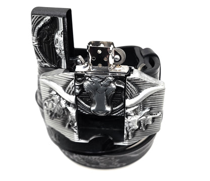 Silver Longhorn Lighter Belt Buckle and Black Belt (Embossed with Longhorns and Floral Pattern)