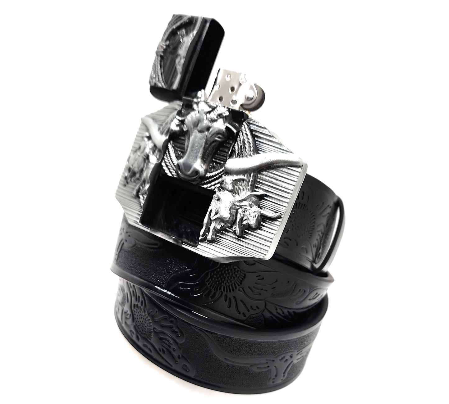 Silver Longhorn Lighter Belt Buckle and Black Belt (Embossed with Longhorns and Floral Pattern)