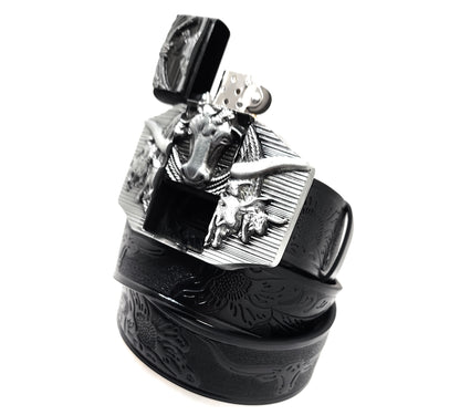 Silver Longhorn Lighter Belt Buckle and Black Belt (Embossed with Longhorns and Floral Pattern)