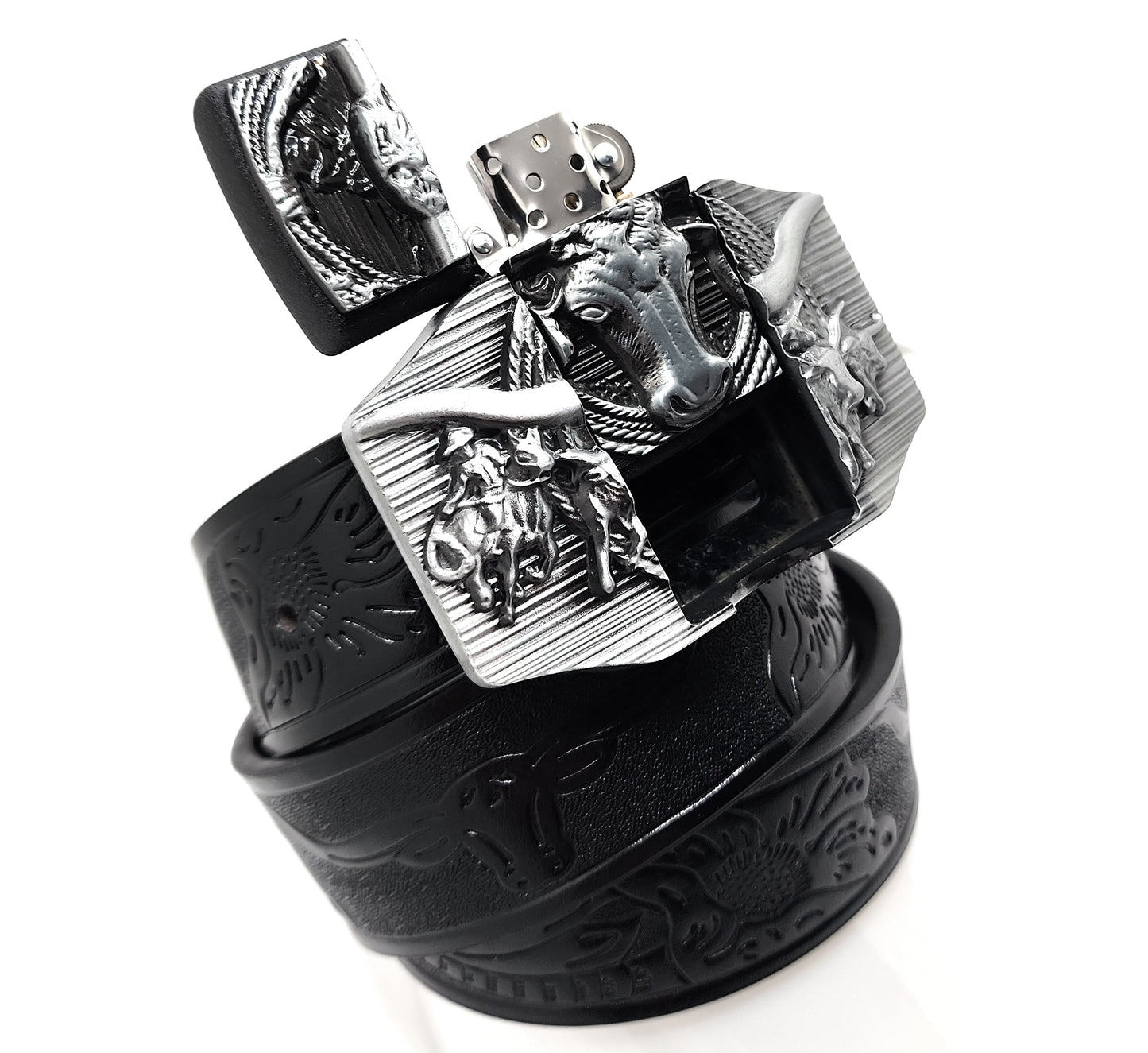 Silver Longhorn Lighter Belt Buckle and Black Belt (Embossed with Longhorns and Floral Pattern)