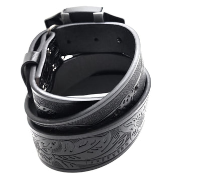 Silver Longhorn Lighter Belt Buckle and Black Belt (Embossed with Longhorns and Floral Pattern)